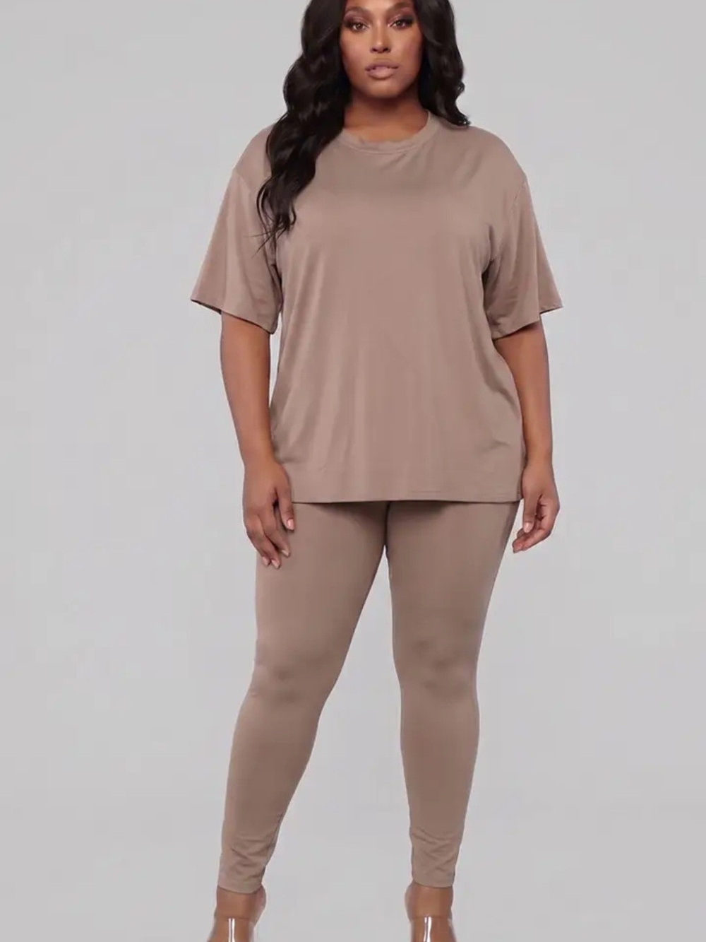 Relaxed Fit Taupe Leggings and Oversized Tee Set .
